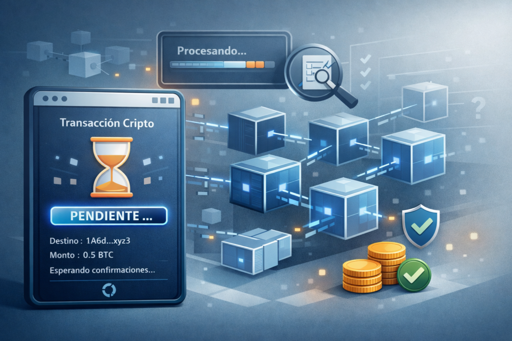 Ilustración de una transacción de criptomonedas en estado pendiente y procesando en la blockchain