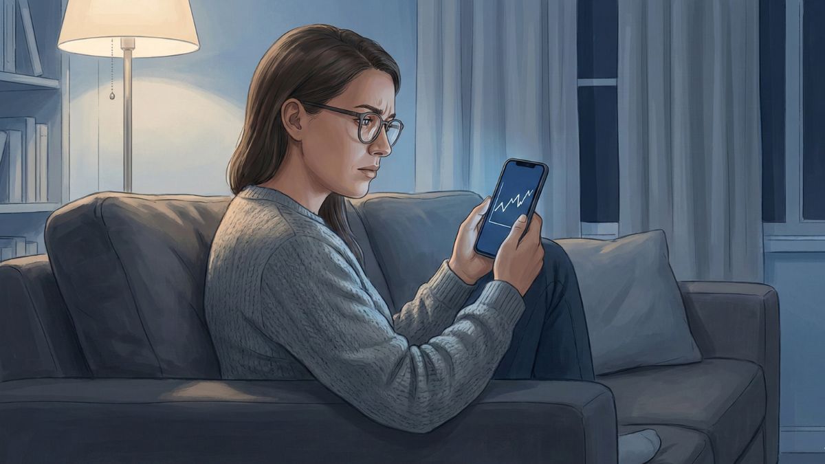Persona revisando el precio de Bitcoin con ansiedad en casa