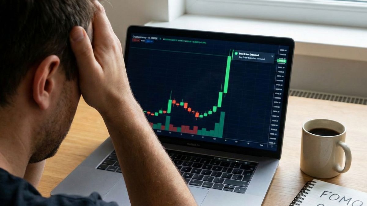 Gráfica minimalista que muestra comprar tarde y un movimiento lateral en criptomonedas