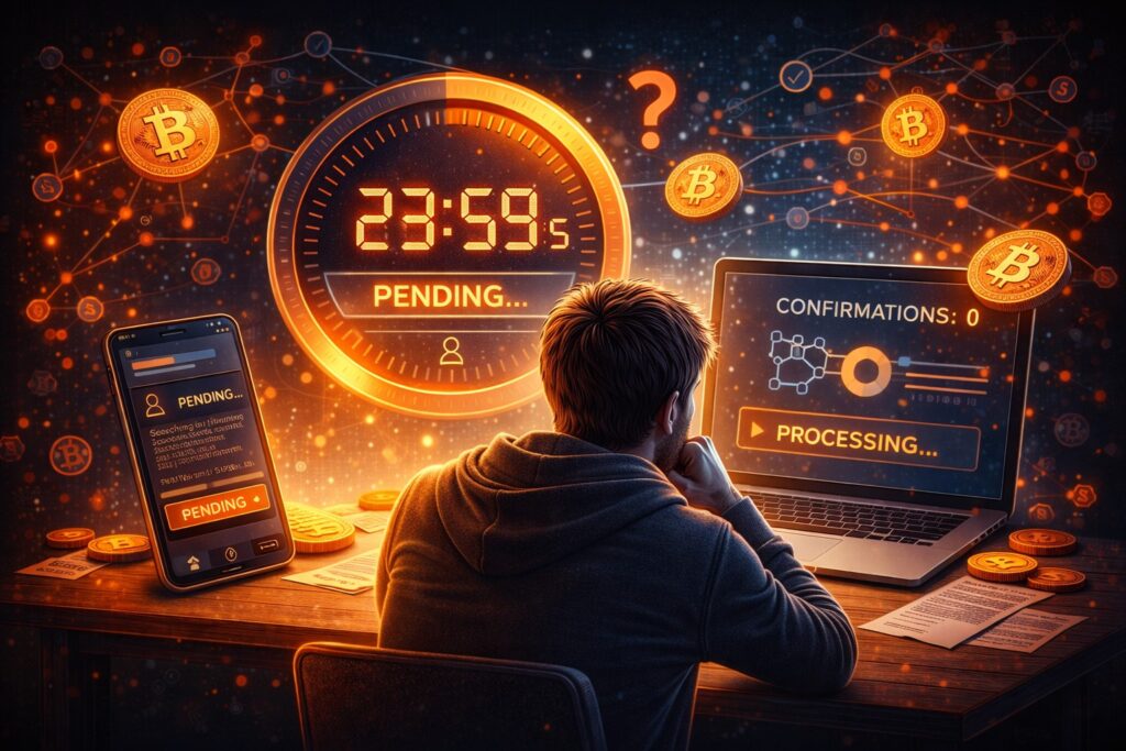 Persona revisando el tiempo de confirmación de una transacción de criptomonedas en una red blockchain