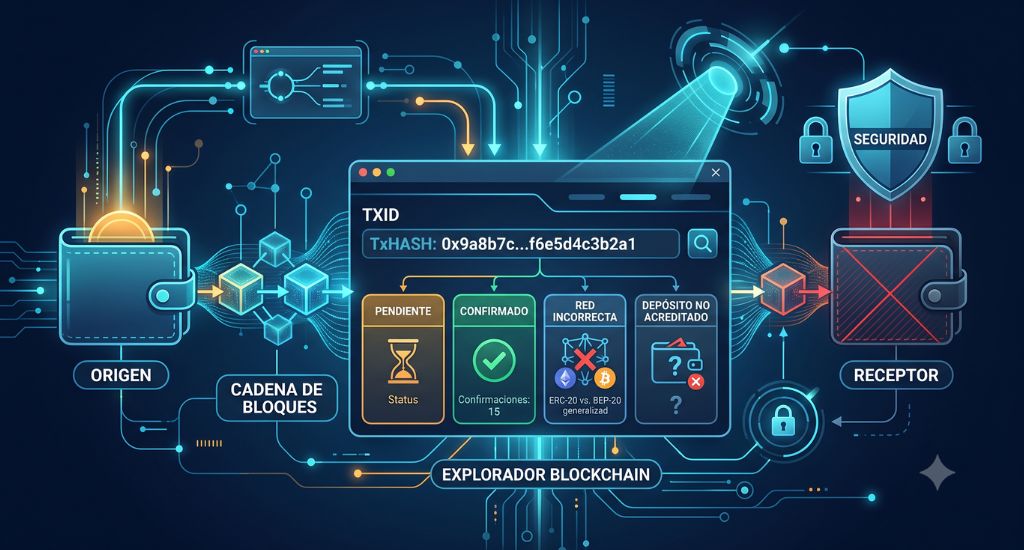 Persona revisando el TXID de una transferencia de criptomonedas que no llegó a la wallet de destino