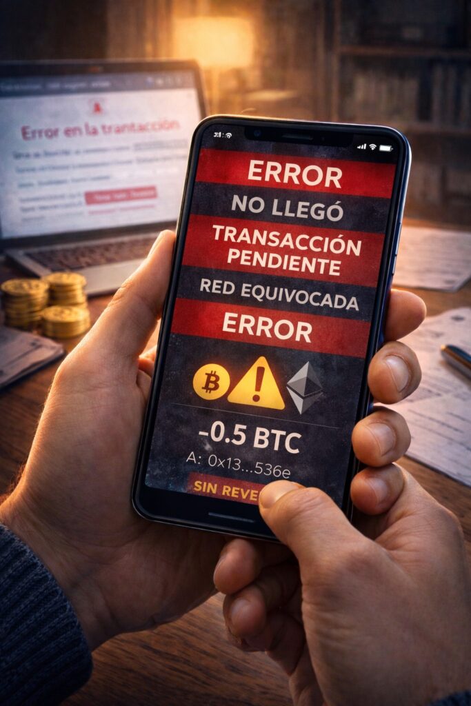 persona en primera persona viendo en su móvil errores al enviar criptomonedas como transacción pendiente y red equivocada