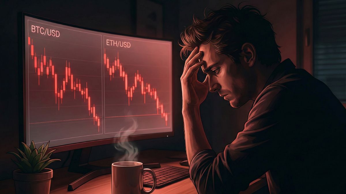 Persona frustrada frente a un monitor con gráficos de criptomonedas en rojo, ilustrando la pérdida de capital en el trading.