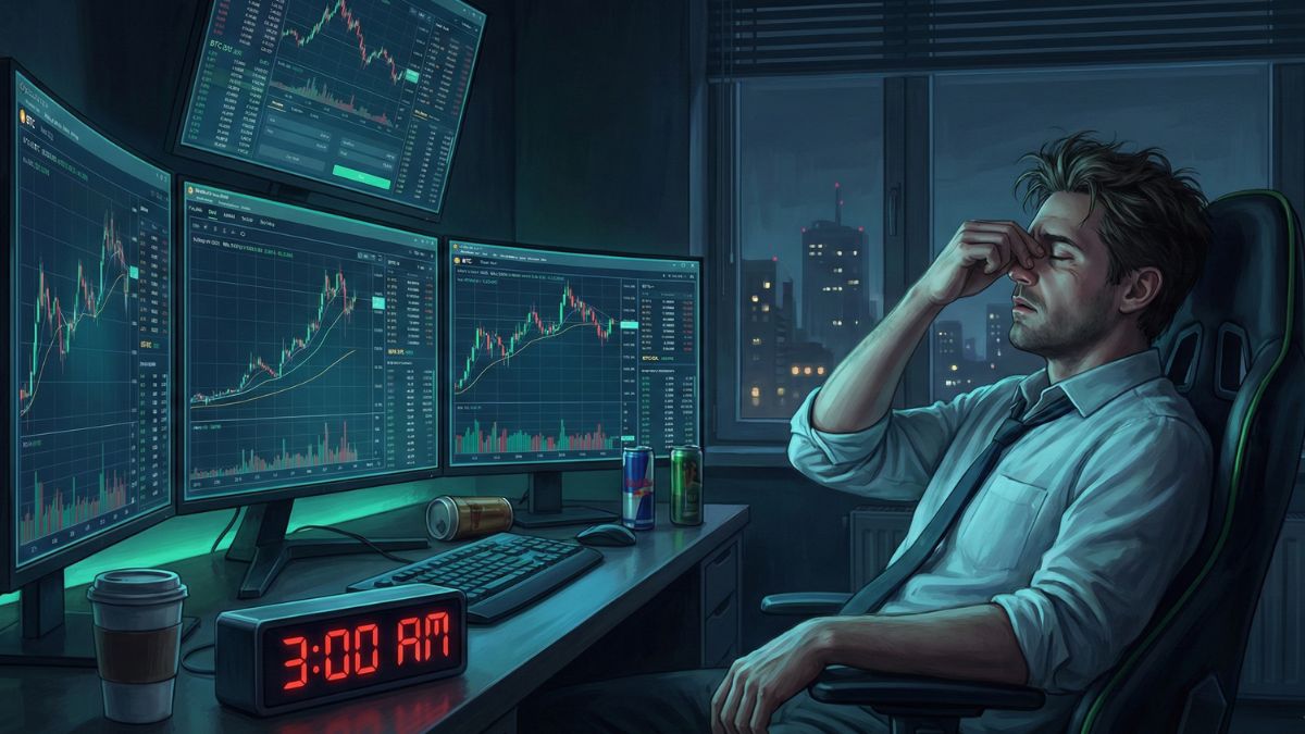 Hombre exhausto frente a múltiples pantallas de trading en una habitación oscura, representando el agotamiento mental por el mercado 24/7.