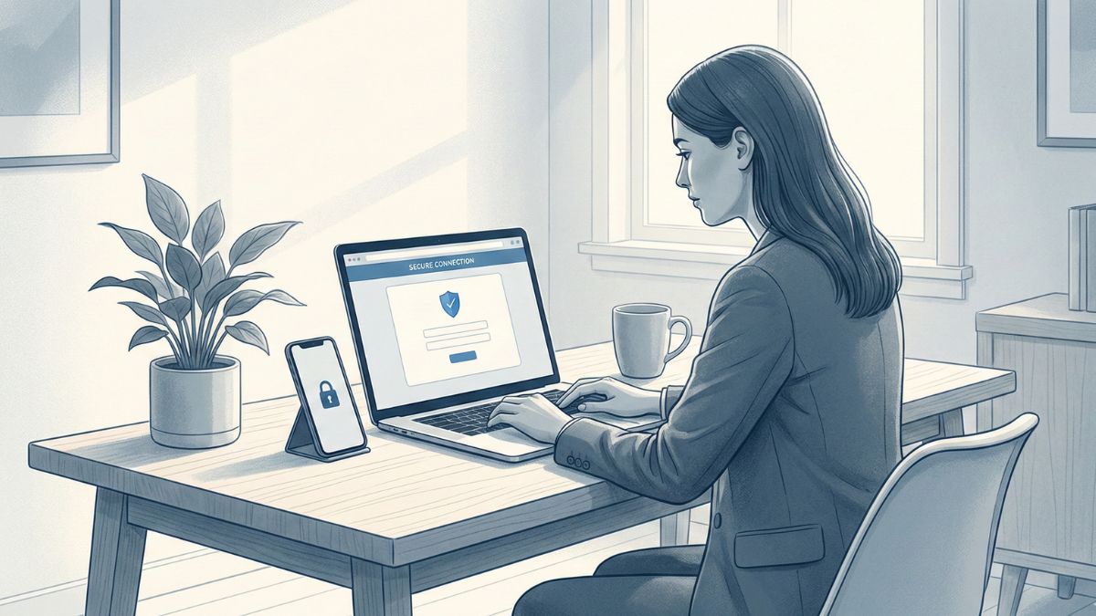 Persona trabajando de forma segura con criptomonedas y protegiendo su identidad digital en 2026