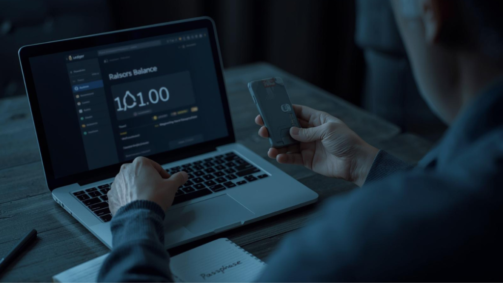 Dispositivo tipo Ledger y wallet en laptop mostrando saldo en cero tras restauración con 24 palabras