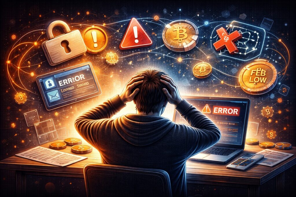 Usuario frustrado frente a un error al intentar enviar criptomonedas, con iconos de transacción, blockchain y advertencias