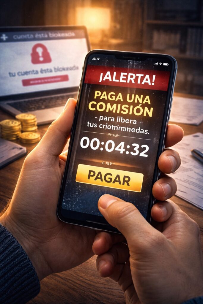 persona en primera persona viendo en su móvil un aviso para pagar una comisión y liberar criptomonedas