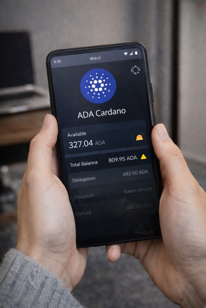 Mis manos revisando el saldo de ADA en una wallet de Cardano con diferencia entre balance total y disponible