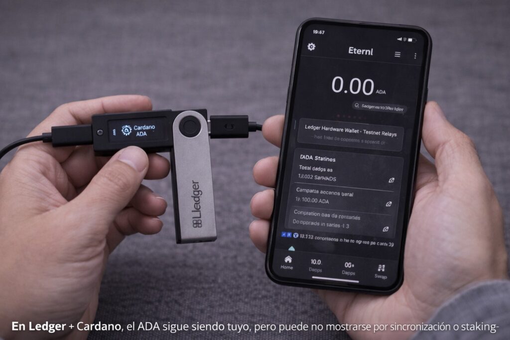 Mis manos sosteniendo un celular conectado a un Ledger mostrando la wallet de Cardano con saldo de ADA en cero y staking activo