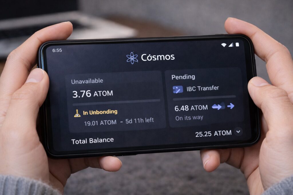 Mis manos sosteniendo el teléfono con una wallet de Cosmos mostrando ATOM en unbonding y una transferencia IBC pendiente