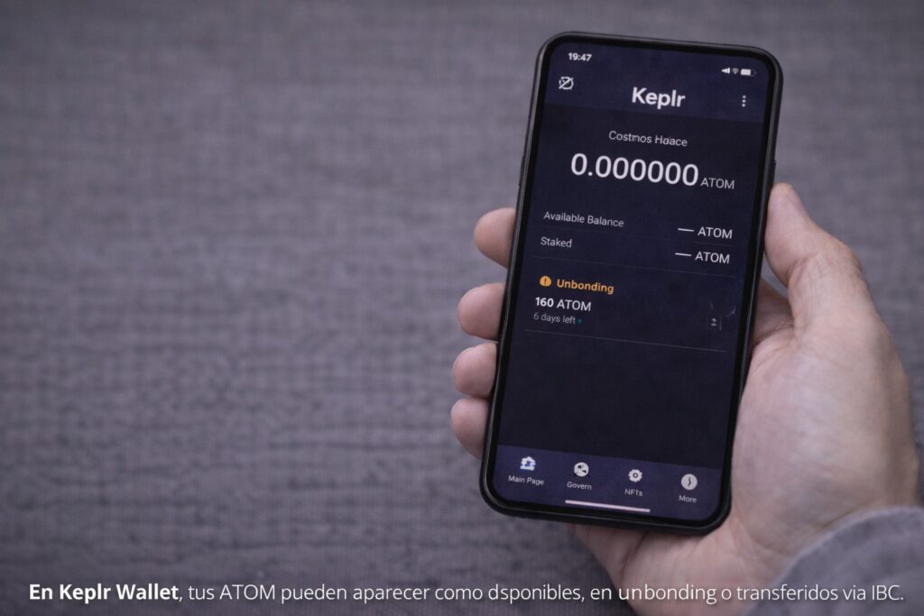 Mis manos sosteniendo un celular con Keplr Wallet abierta mostrando ATOM en unbonding y saldo no disponible