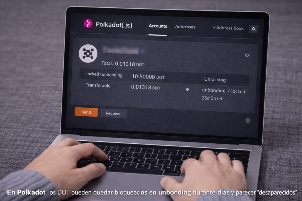 Mis manos usando una laptop con Polkadot.js Wallet mostrando DOT bloqueados en unbonding y saldo no transferible