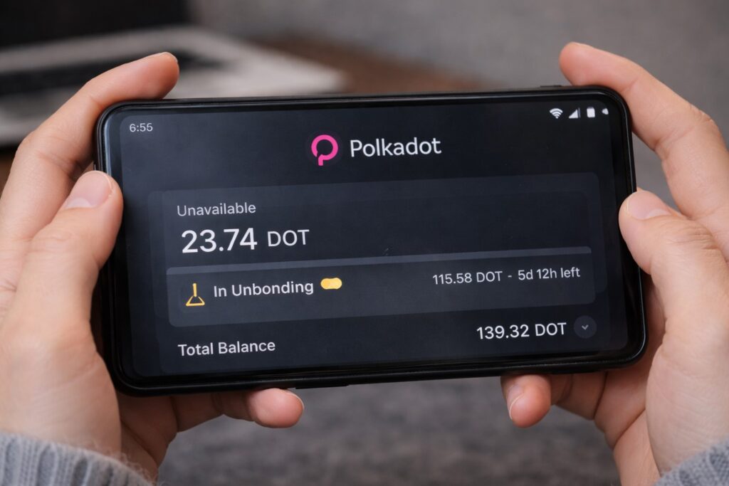 Mis manos sosteniendo el teléfono con una wallet de Polkadot mostrando DOT no disponibles por unbonding