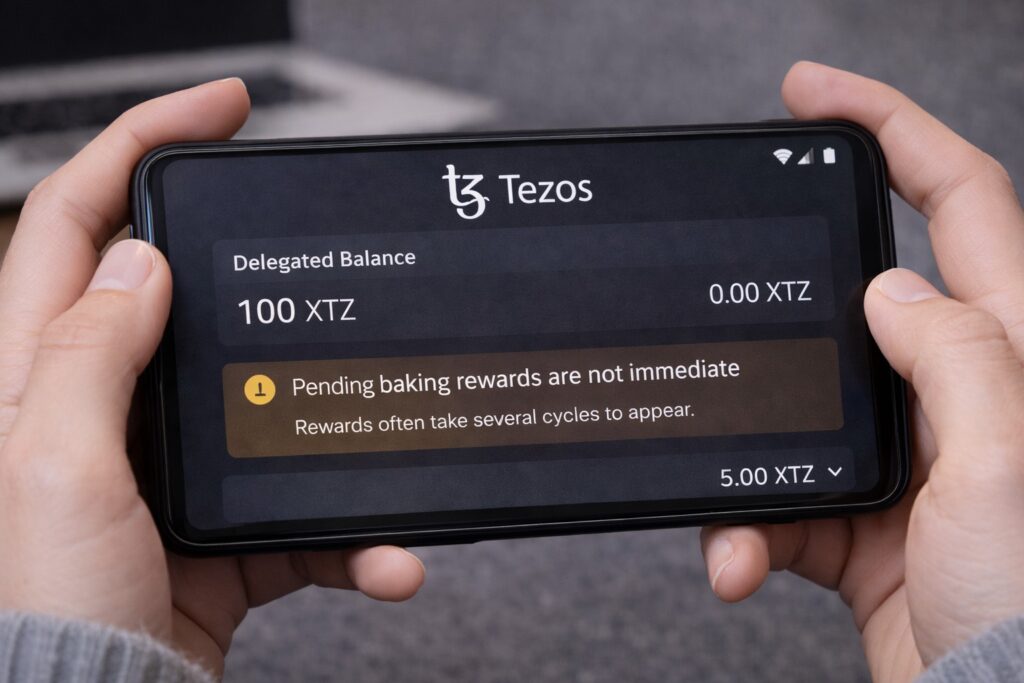 Mis manos sosteniendo un teléfono con una wallet de Tezos mostrando XTZ delegados y recompensas de baking pendientes