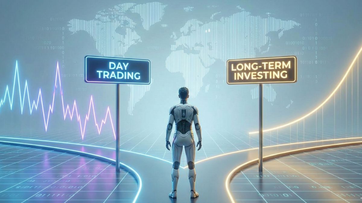 Gráfico comparativo que muestra a una persona decidiendo entre diferentes caminos de inversión en criptomonedas: trading activo versus inversión pasiva.