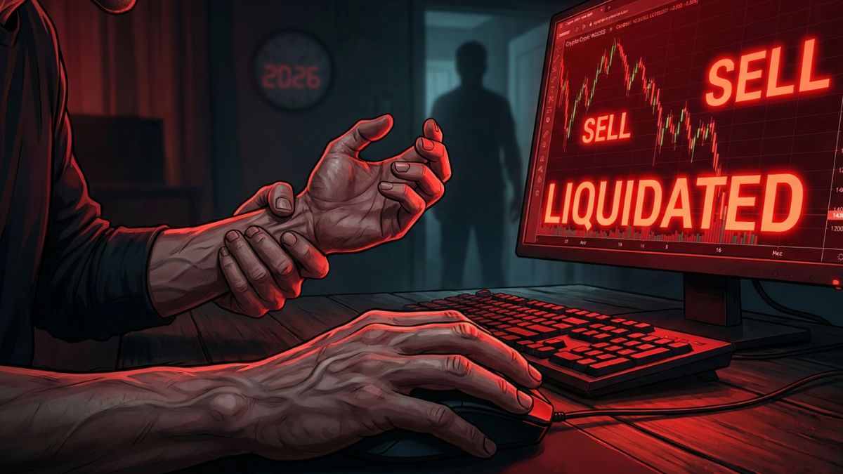 Representación visual de un trader luchando contra sus impulsos frente a una gráfica de criptomonedas con pérdidas, simbolizando el revenge trading.