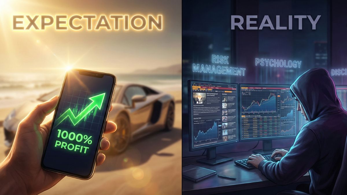 Ilustración conceptual sobre la realidad psicológica y los riesgos financieros del trading de criptomonedas en 2026