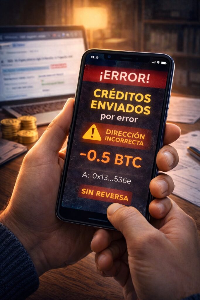 persona en primera persona viendo en su móvil un error por enviar criptomonedas a una dirección incorrecta