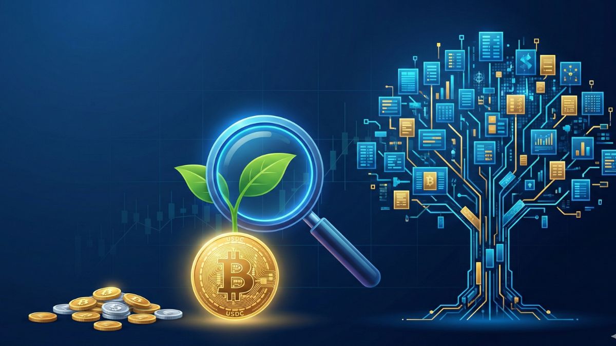 Una pequeña planta creciendo desde una moneda digital, simbolizando el crecimiento gradual de una cuenta de trading pequeña.