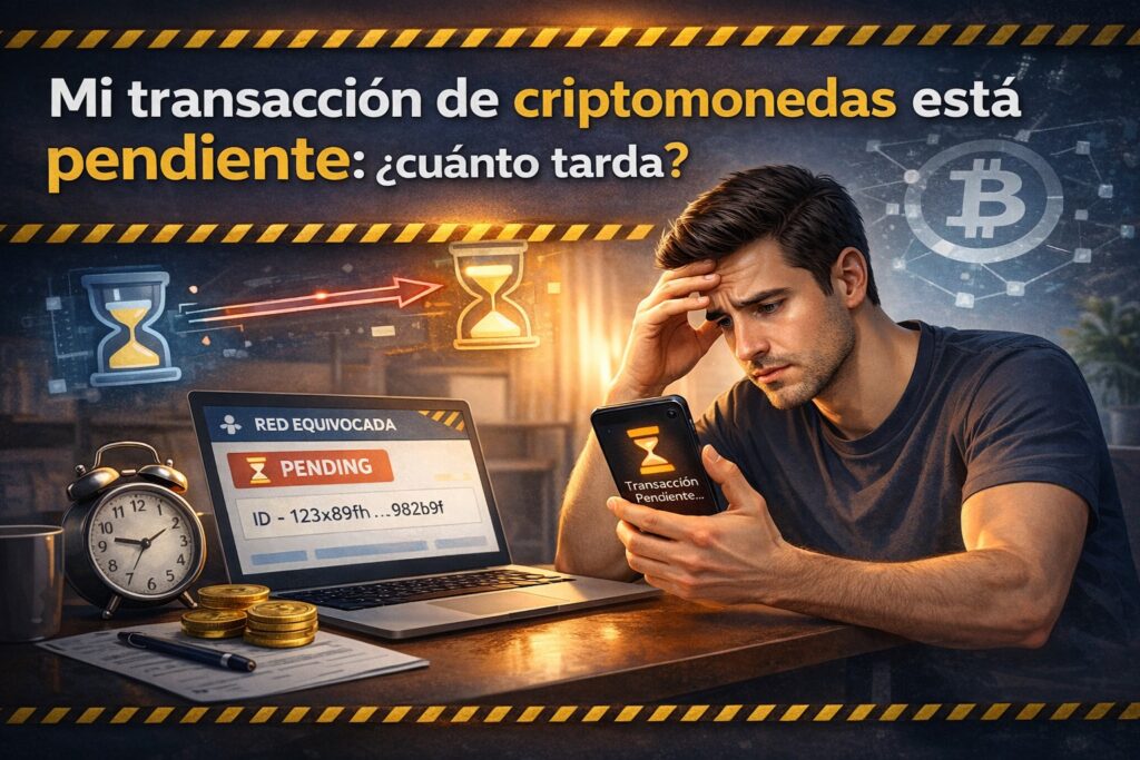 persona revisando una transacción de criptomonedas pendiente en su teléfono