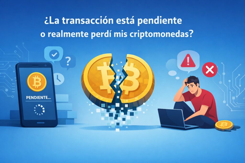 Transacción de criptomonedas pendiente en una wallet digital, con duda sobre si las criptomonedas se perdieron o siguen en proceso de confirmación.