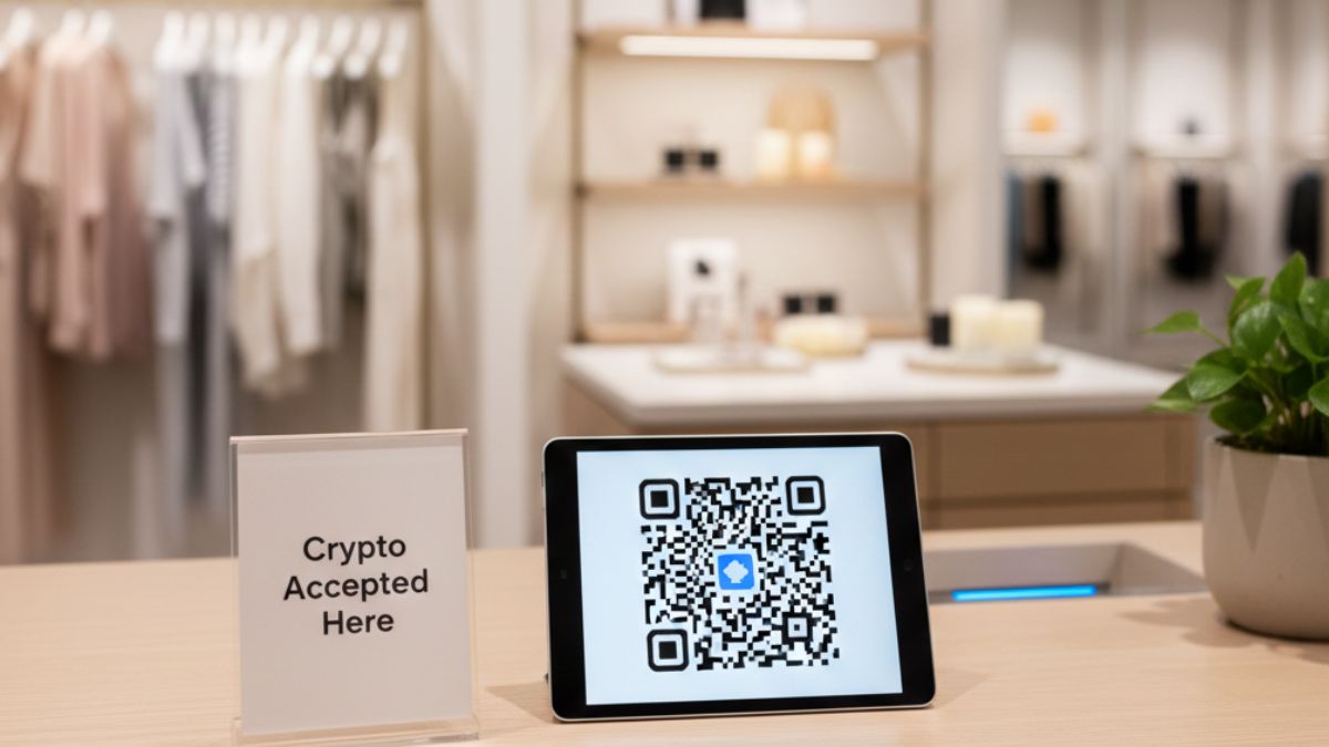 Terminal de punto de venta aceptando pagos con criptomonedas en una tienda física.