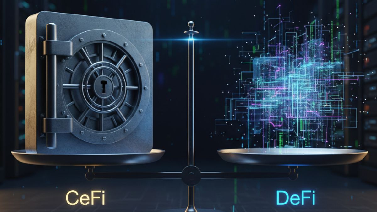 Comparativa visual entre seguridad en finanzas centralizadas (CeFi) y descentralizadas (DeFi).