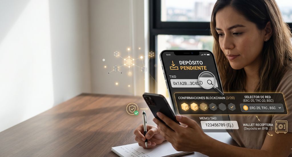Persona revisando el TxID, la red y las confirmaciones de un depósito que no aparece en Bybit